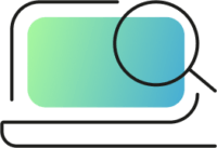 Icon of a laptop with a blue-green gradient on the screen and a magnifying glass in the top-right corner.