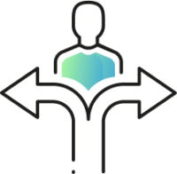 Icon showing an arrow splitting into two, one pointing right and the other left. Above the arrows is a person from the waist up with a blue-green gradient on their shirt.