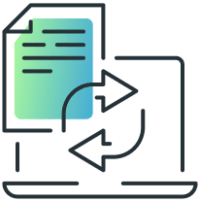 Icon of a laptop with loading arrows on the screen and a document featuring a blue-green gradient in the top-left corner.