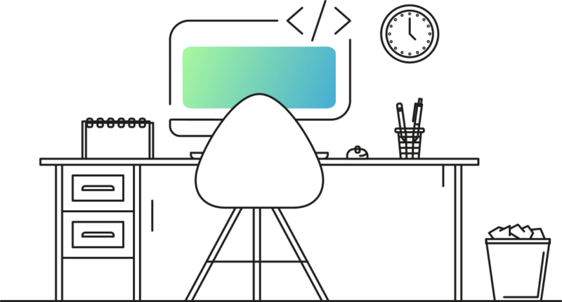 Iconography showing a monitor on a desk, an office chair, a clock on the wall, and a trash bin.