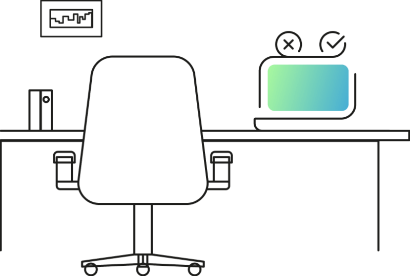 Iconography showing a laptop on a desk, an office chair, and a picture on the wall.