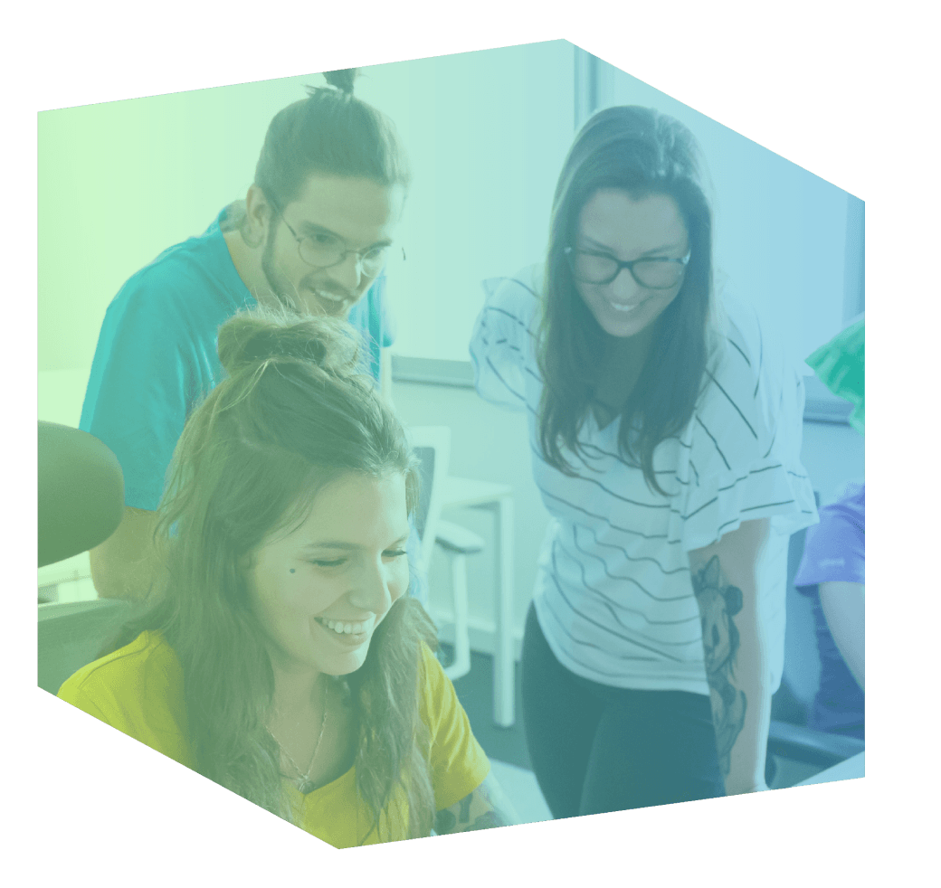 Graphic with three smiling people. The photo is shaped like a cube with a blue-green filter applied.