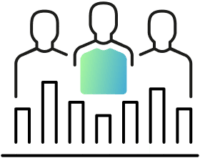 Icon showing three people from the waist up, standing behind analytical bars. The shirt of the person in the middle contains a blue-green gradient.