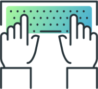 Icon of a keyboard in blue-green, with two hands pressing buttons.
